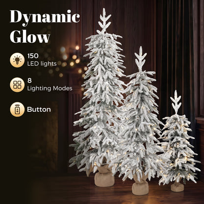 HOMCOM Prelit Flocked Artificial Christmas Tree Set of 3 Snowy Xmas Tree Warm White LED Lights (3FT+4FT+5FT)