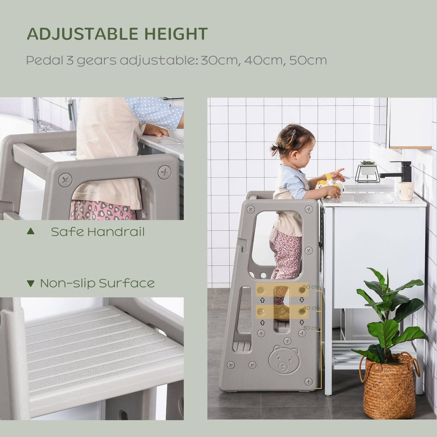 HOMCOM Kids Step Stool, with Adjustable Platform and Non-Slip Mat Ð Grey