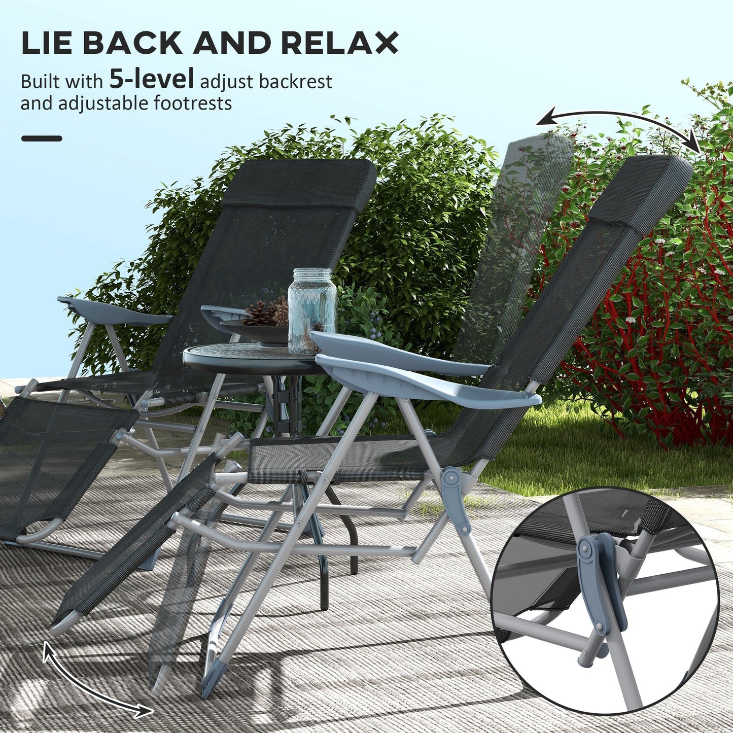 Outdoor Reclining Garden Chairs Set Of 2 With Adjustable Footrest, Recliner Garden Chairs with 5-level Adjustable Backrest, Headrest, Black