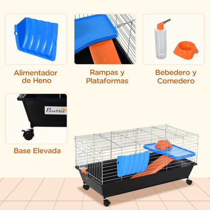 PawHut Small Animal Cage Rabbit Guinea Pigs Chinchillas Cage w/ Wheels Water Bottle Food Dish Platform Ramp 89 x 44 x 43 cm Black