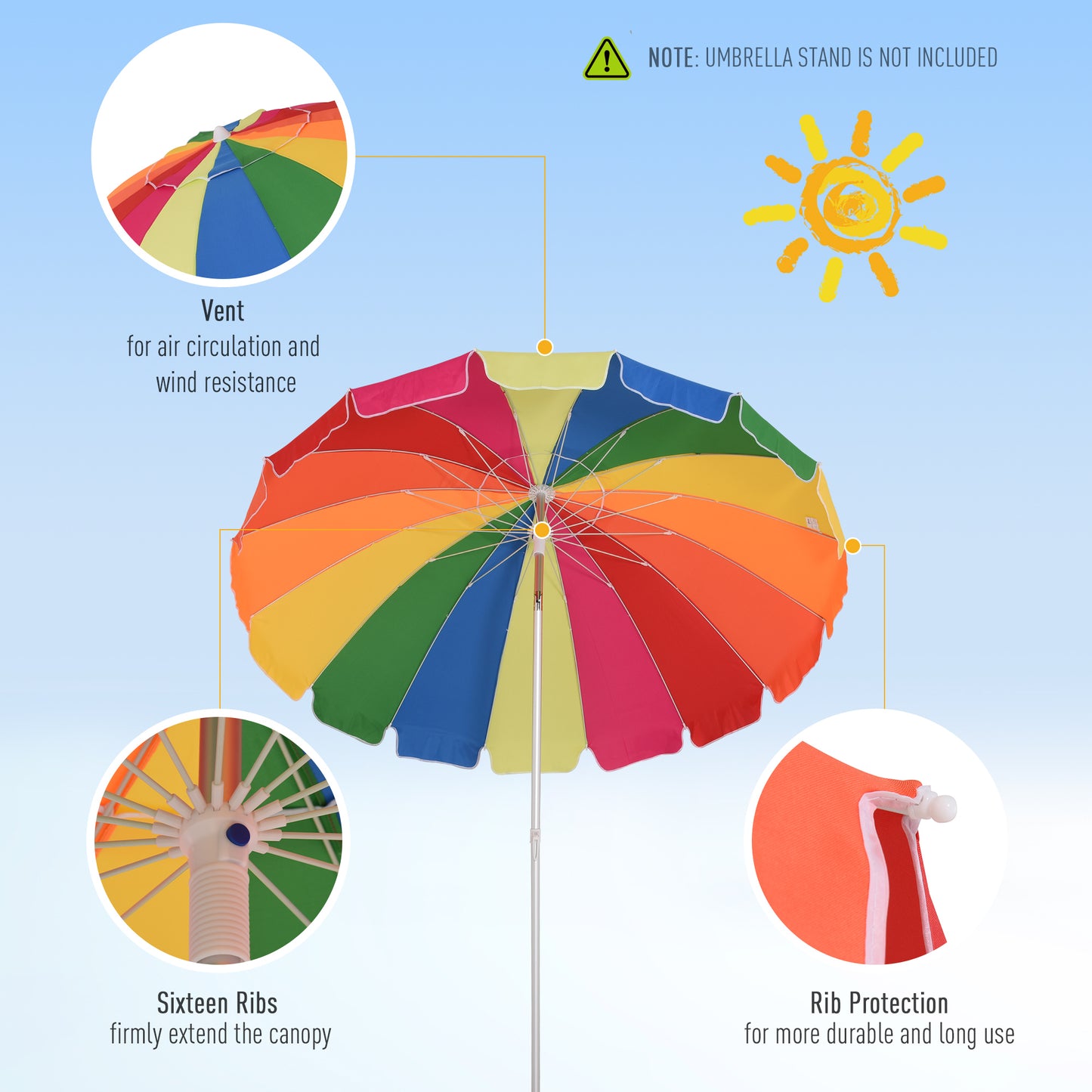 Outsunny Arc. 2,4 m Parasol plażowy z kotwicą piaskową, zewnętrzny parasol przeciwsłoneczny z ochroną UV, regulowany kąt nachylenia, torba transportowa, wielokolorowy