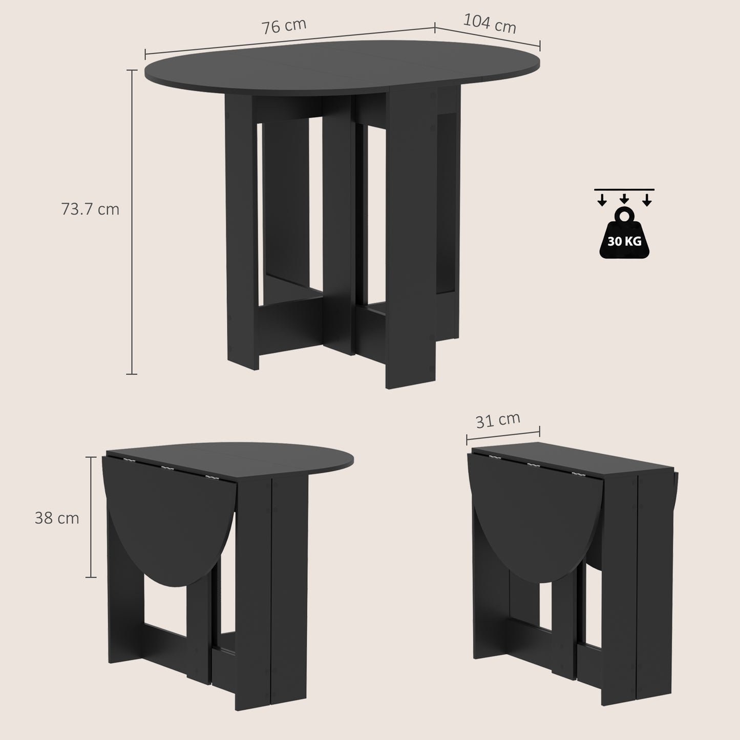 HOMCOM Folding Dining Table, Drop-Leaf Table with Foldable Leaves for Small Spaces, Kitchen, Dining Room, Black