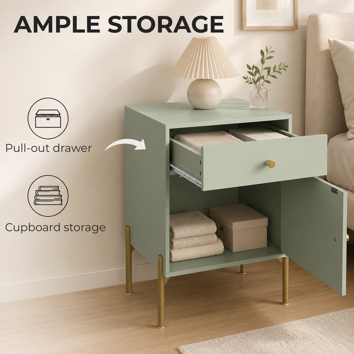 HOMCOM Modern End Table Set of 2, Side Tables with Drawer, Cabinet and Metal Legs for Living Room, Bedroom, Light Green