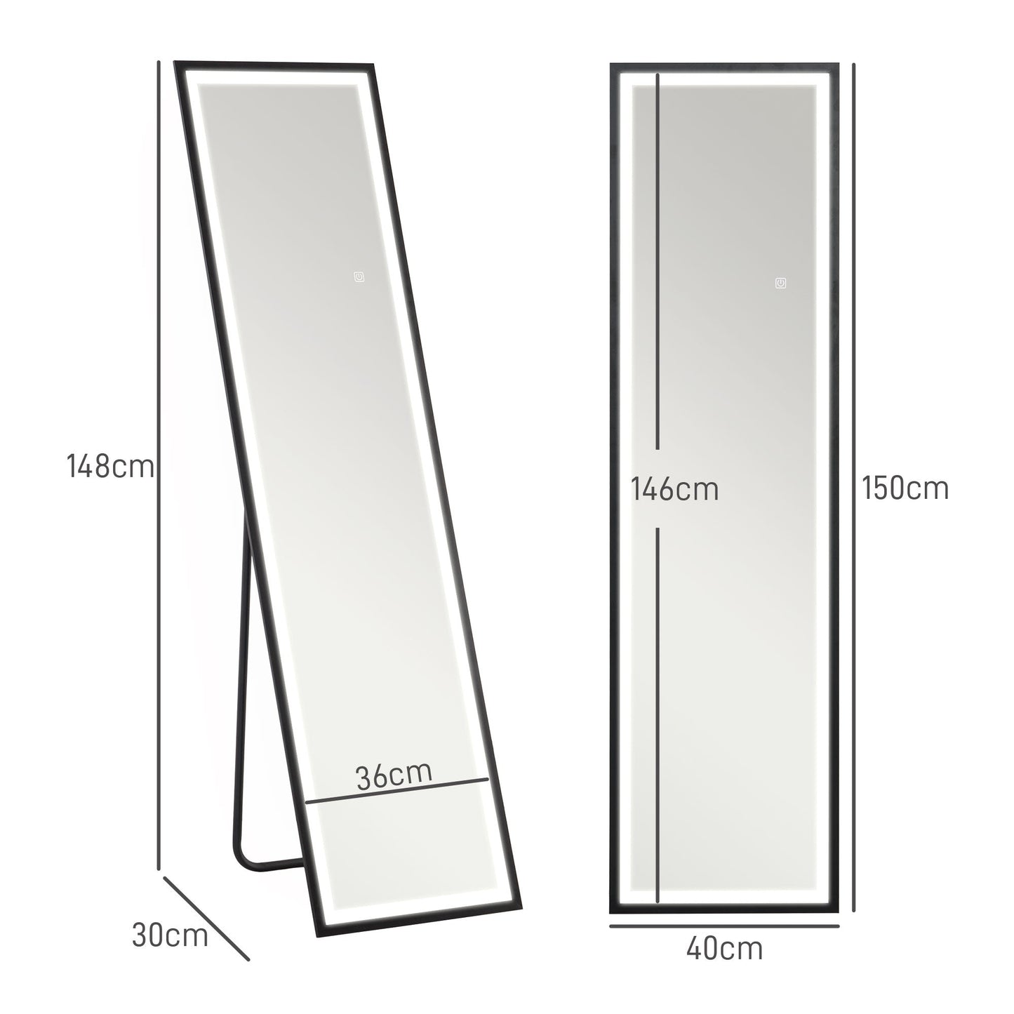 HOMCOM 150 x 40cm Lustro na całą długość, z regulowanymi światłami - czarne