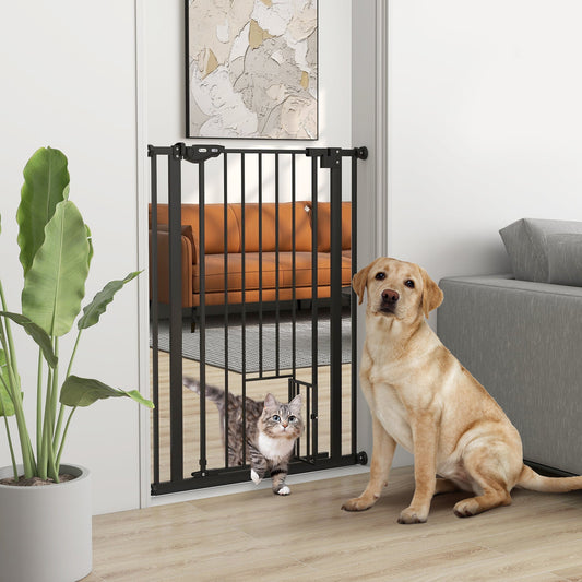 PawHut Extra Tall Pet Gate, wewnętrzna bramka zabezpieczająca dla psa, z klapką dla kota, zamykana automatycznie, szerokość 74-80 cm - czarna