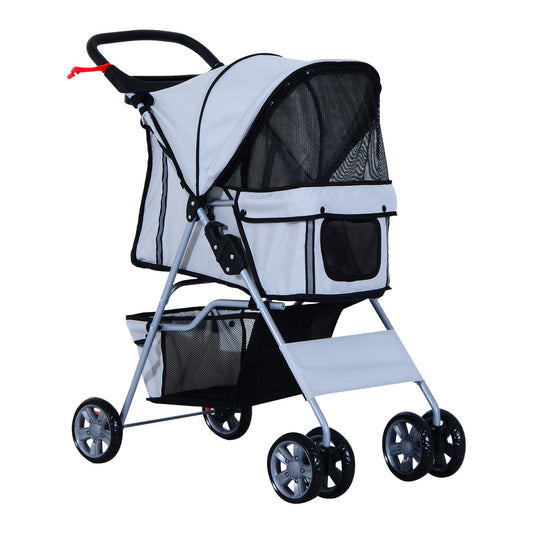 PawHut Dog Pram Pet Stroller Dog Pushchair Foldable Travel Carriage with Wheels Zipper Entry Cup Holder Storage Basket Grey