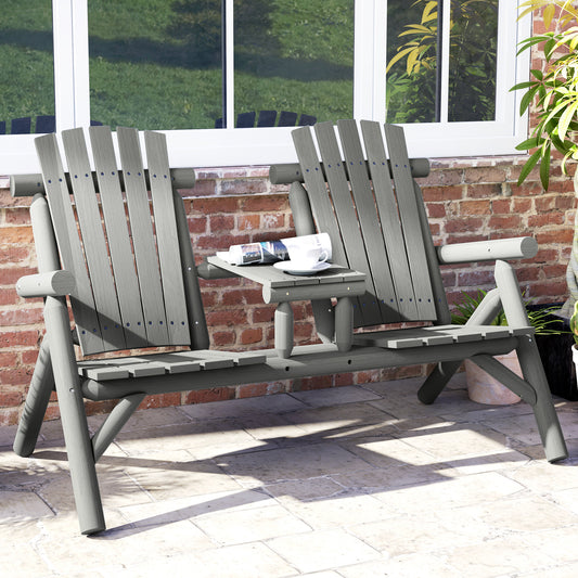 Outsunny Wood Patio Chair Bench 2 Seats w/ Central Coffee Table, ławka ogrodowa, szary