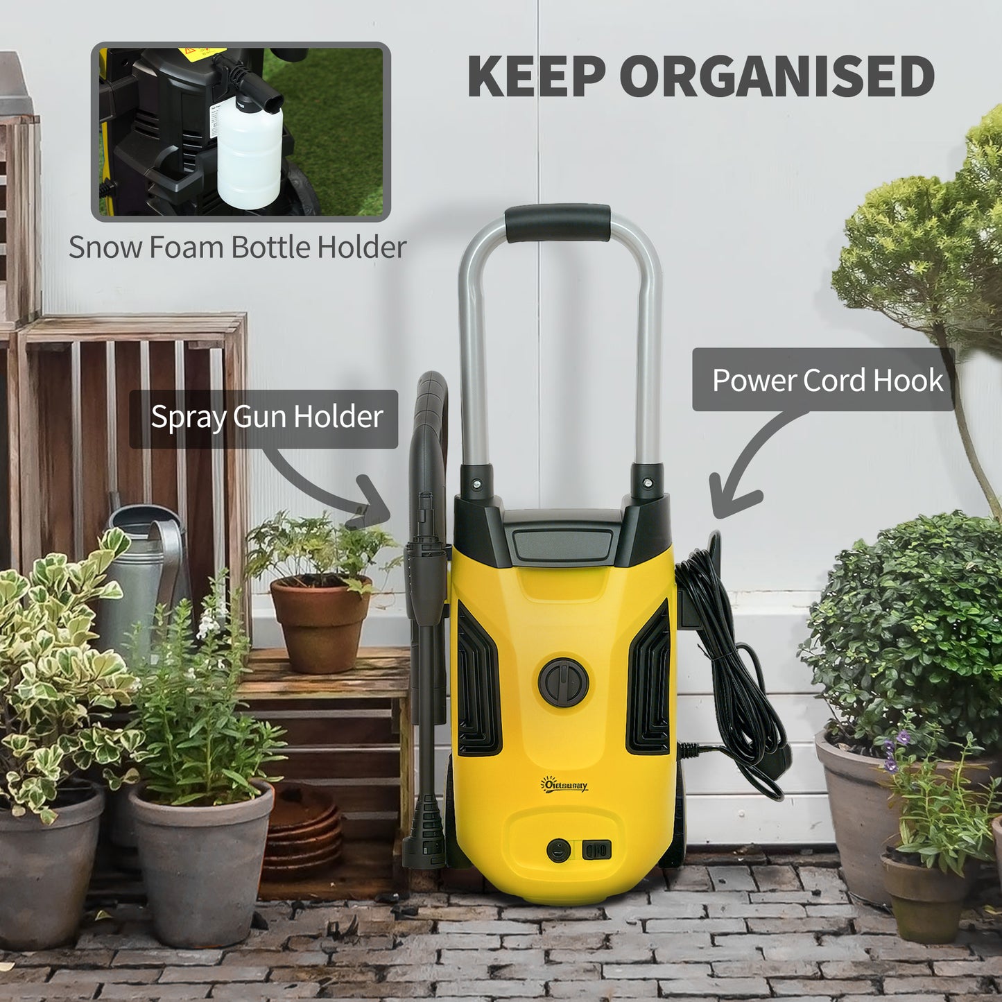 Outsunny 1800W High√Ç Pressure√Ç Washer, 150 Bar Pressure, 420 L/h Flow, Portable Power Washer Jet Wash Cleaner with Adjustable Nozzle, 6M Hose, Steel Handle for Home Patio Car Driveway, Yellow