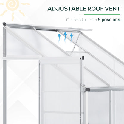 Outsunny 6 X 4ft Walk-In Lean to Greenhouse Garden Heavy Duty Aluminium Polycarbonate with Roof Vent for Plants Herbs Vegetables, Silver