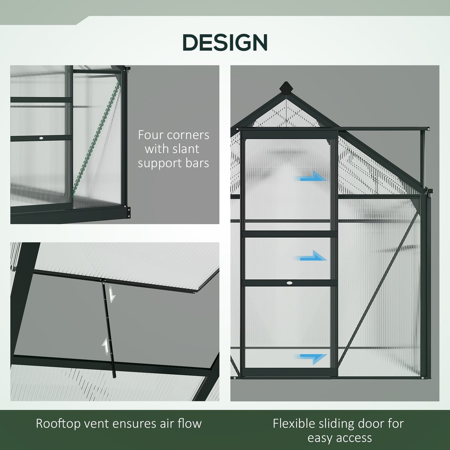 Outsunny دفيئة بولي كربونات شفافة كبيرة الحجم، نباتات حديقة البيت الأخضر تنمو بإطار من الألومنيوم بقاعدة مجلفنة مع باب منزلق، 6 × 8 أقدام