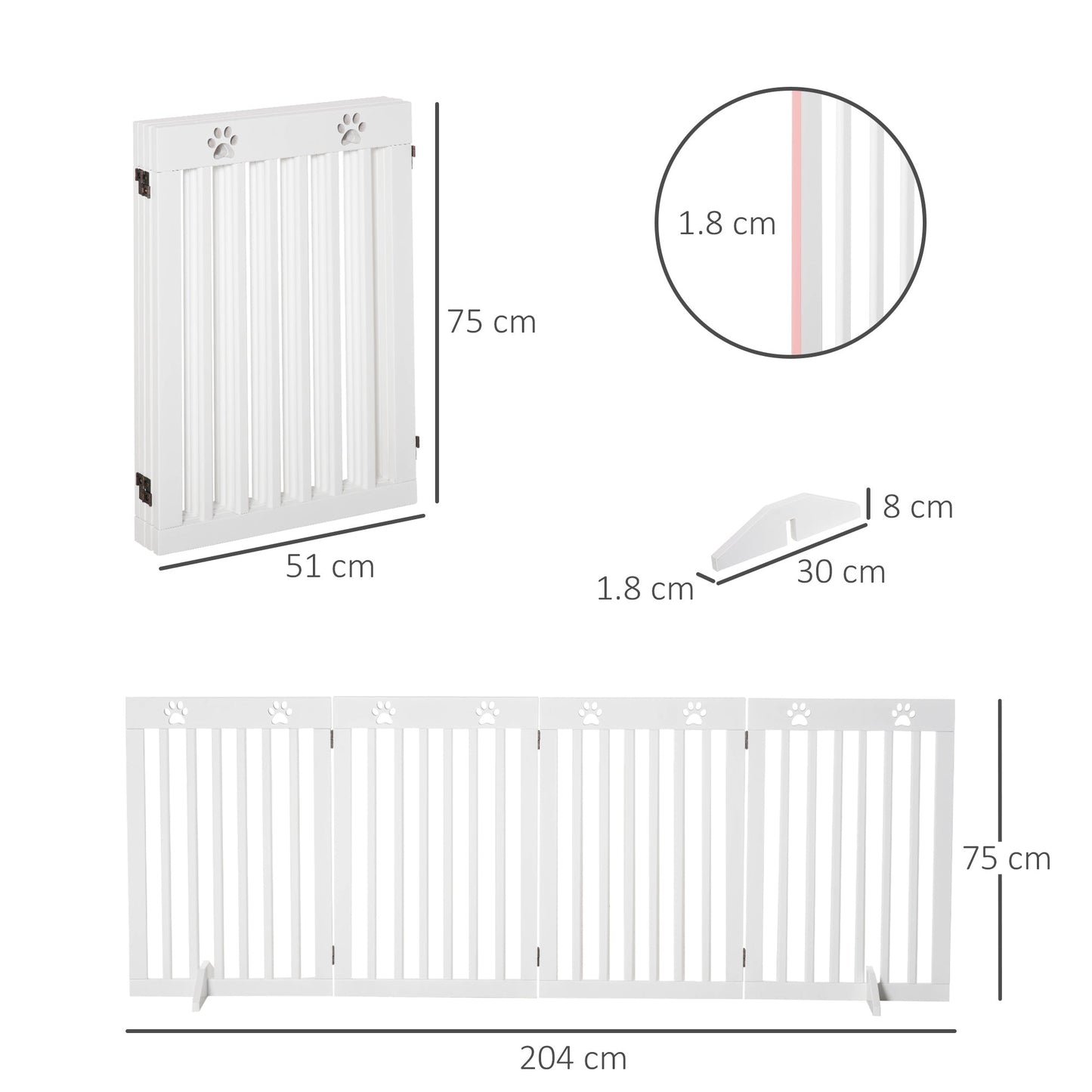 PawHut Pet Gate 4 Panel Wooden Foldable Fence Freestanding Dog Safety Barrier with 2 Support Feet for Doorways Stairs 80'' x 30'' White