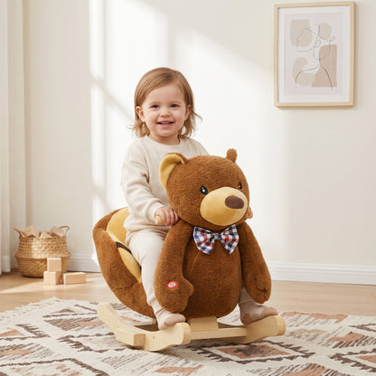 AIYAPLAY Rocking Horse Toy, Cartoon Bear Wooden Ride on Horse with Seat Belt, Music, Pretend Play Toy for Toddlers 18-36 M, Brown