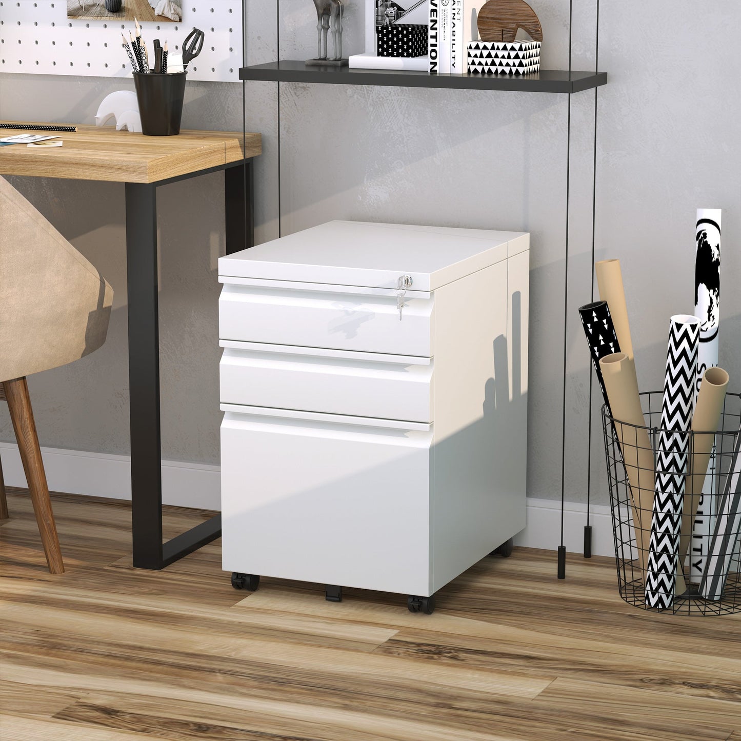 Vinsetto Mobile Vertical File Cabinet Lockable Metal Filling Cabinet with 3 Drawers and Anti-tilt Design