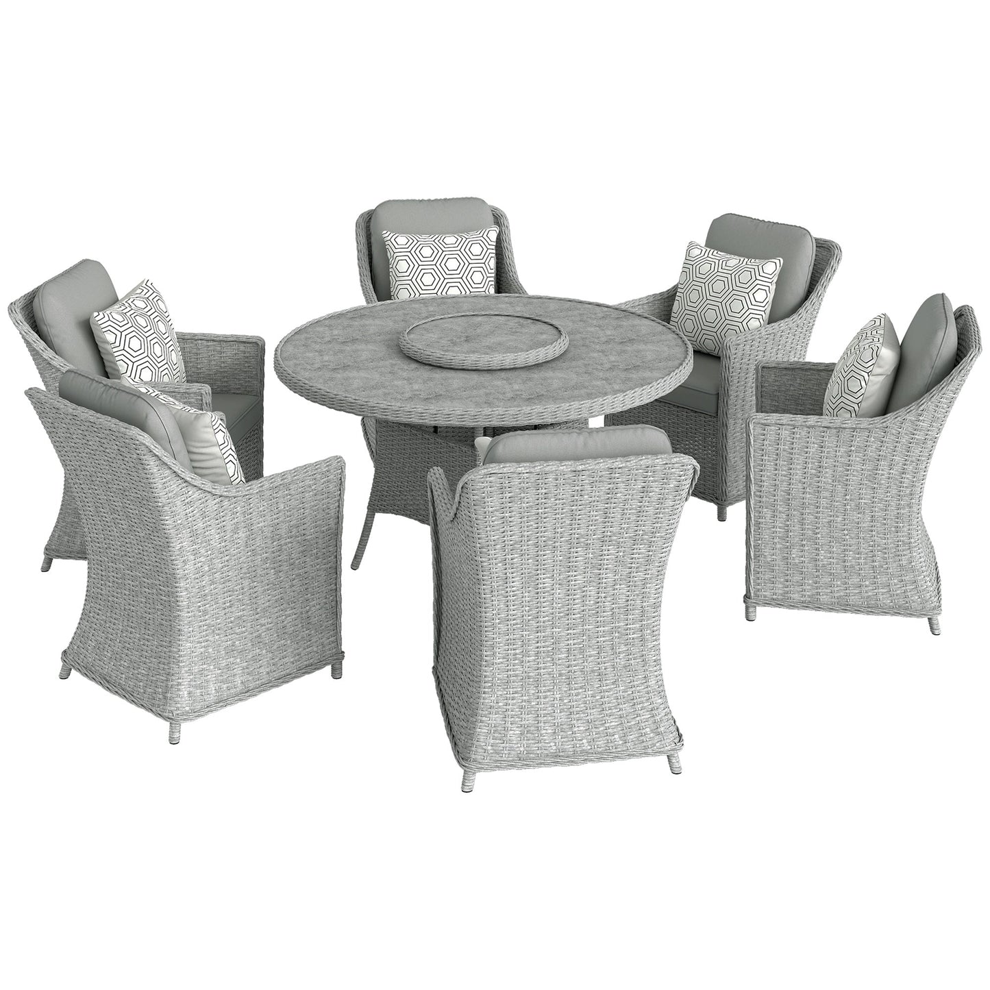 Outsunny Rattan Garden Dining Set with Lazy Susan, Marble Effect Glass Round Garden Table and Chairs with Aluminium Frame, Grey
