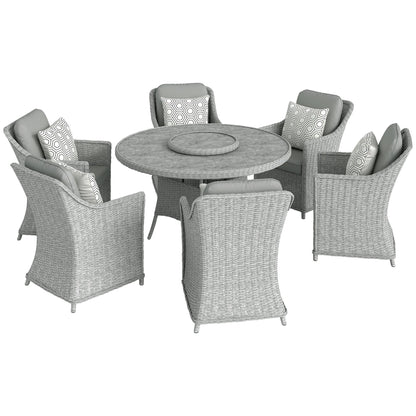 Outsunny Rattan Garden Dining Set with Lazy Susan, Marble Effect Glass Round Garden Table and Chairs with Aluminium Frame, Grey