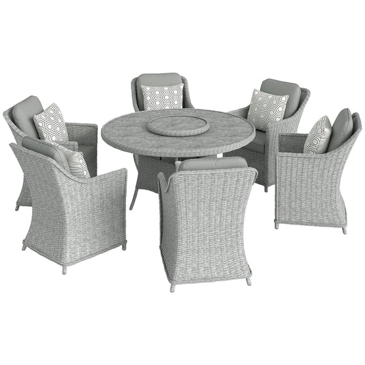Outsunny Rattan Garden Dining Set with Lazy Susan, Marble Effect Glass Round Garden Table and Chairs with Aluminium Frame, Grey