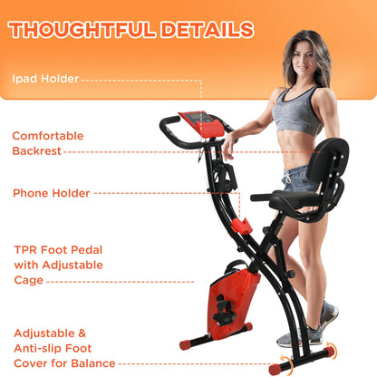 HOMCOM 2-in-1 Folding Exercise Bike with 8-Level Magnetic Resistance, Arm Resistance Band, Pulse Sensor, Red