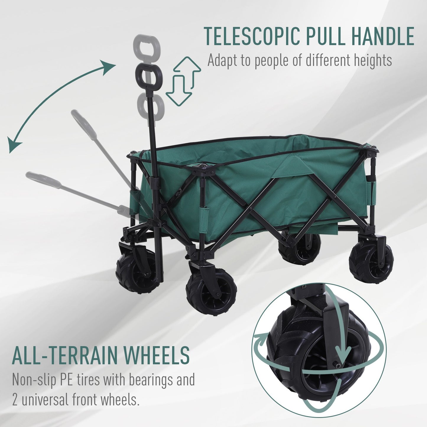 Outsunny 140L Festival Trolley on Wheels, Folding Camping Trolley Cart with Telescopic Handle, Big Wheels for Outdoor Garden Beach Fishing, Green