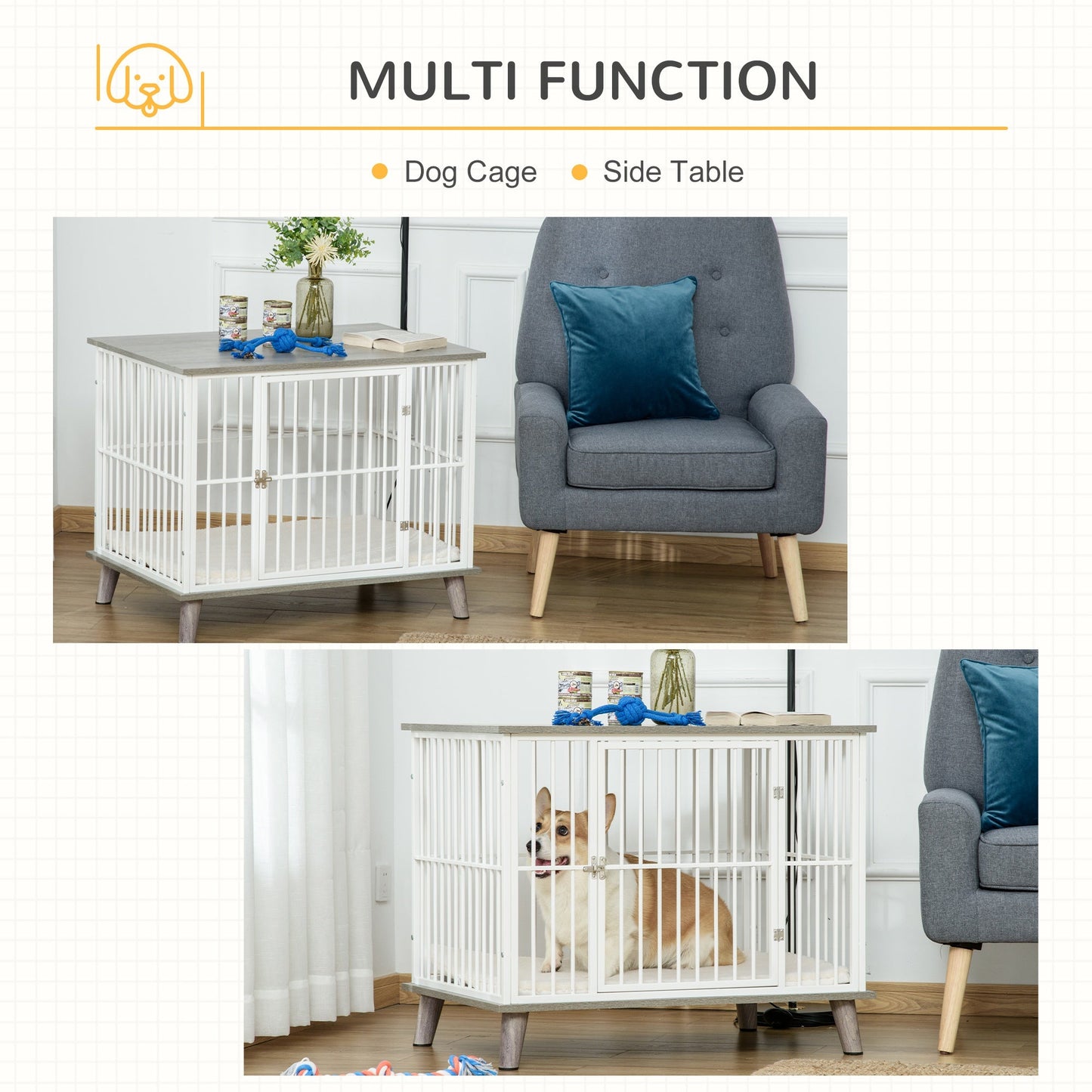 PawHut Dog Crate, Furniture Style Pet Cage Kennel, End Table, Decorative Dog House, with Soft Cushion, Wooden Top, Door, for Small Medium Dogs, Indoor Use, Grey House