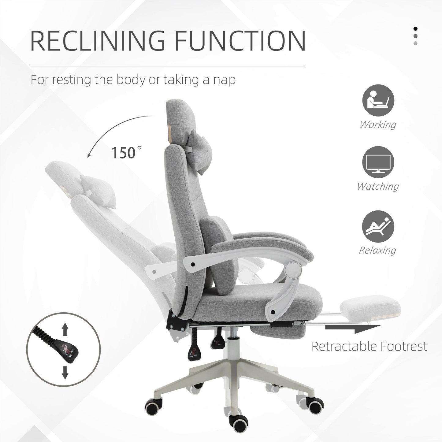 Vinsetto Office Chair, Ergonomic Desk Chair, High Back Fabric Work Chair with 160 Reclining Backrest, Retractable Footrest, Neck and Lumbar Pillow for Home and Study, Grey
