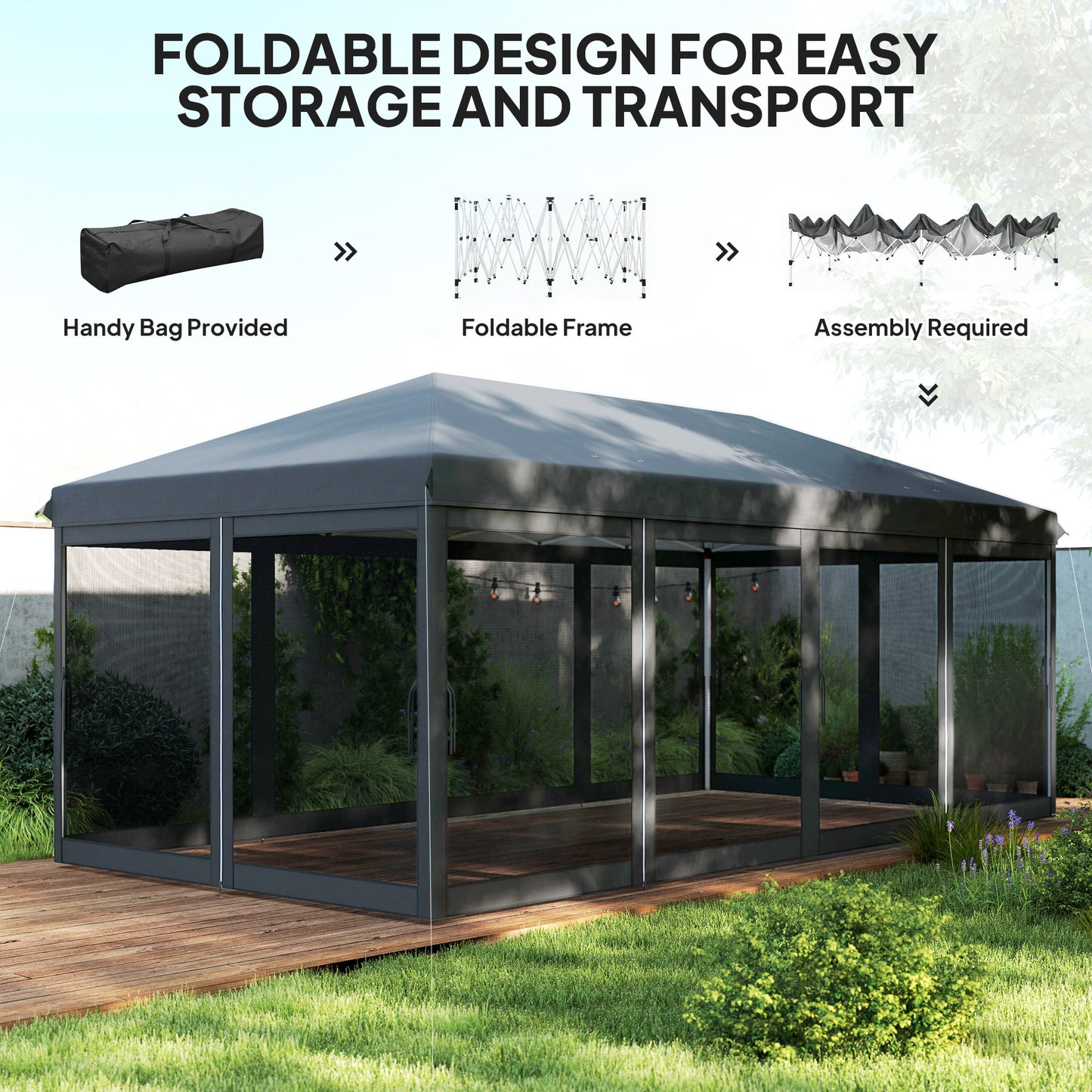Outsunny 3 x 6m Pop Up Gazebo, zadaszenie zewnętrzne, namiot imprezowy na wesele z 6 ściankami z siatki i torbą transportową, czarny