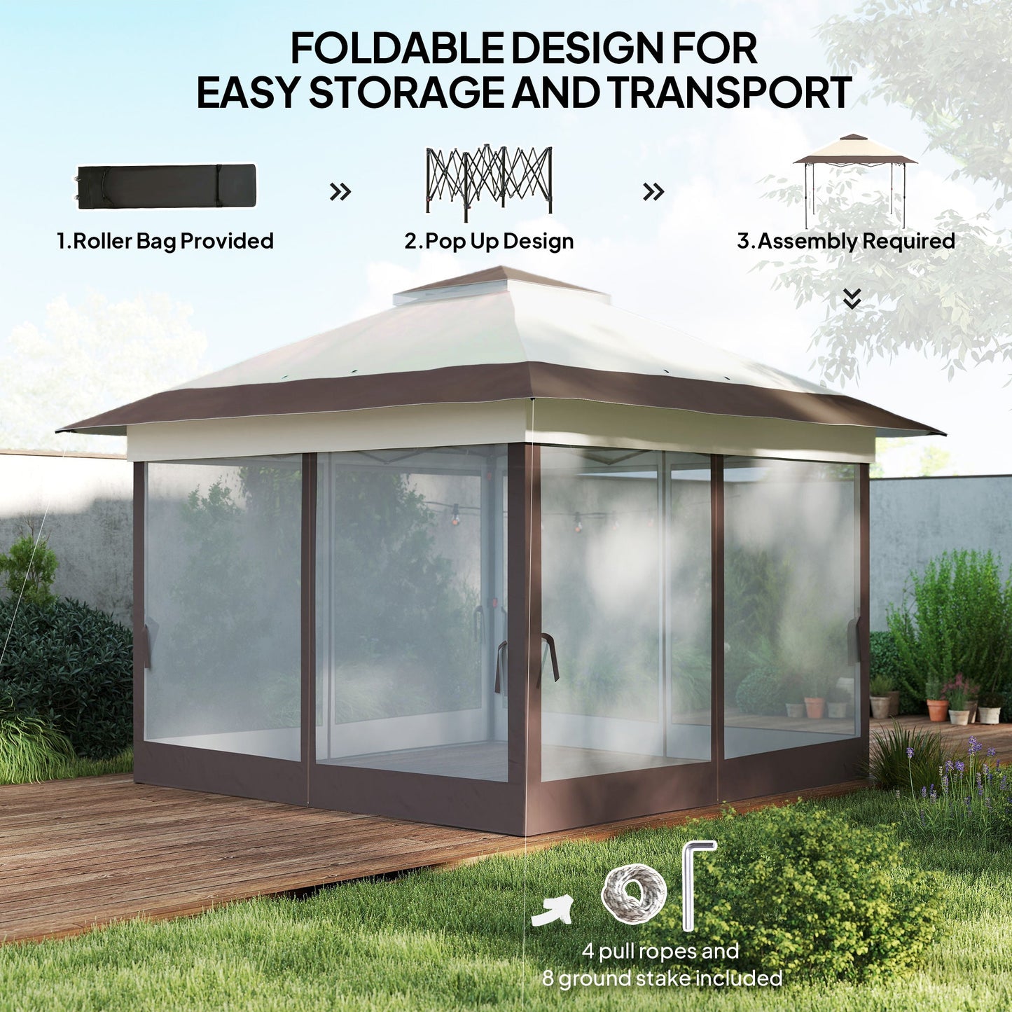 Outsunny 3.6 x 3.6 m Pop up Gazebo with Netting, Height Adjustable Party Tent Instant Canopy Sun Shade Shelter, Khaki