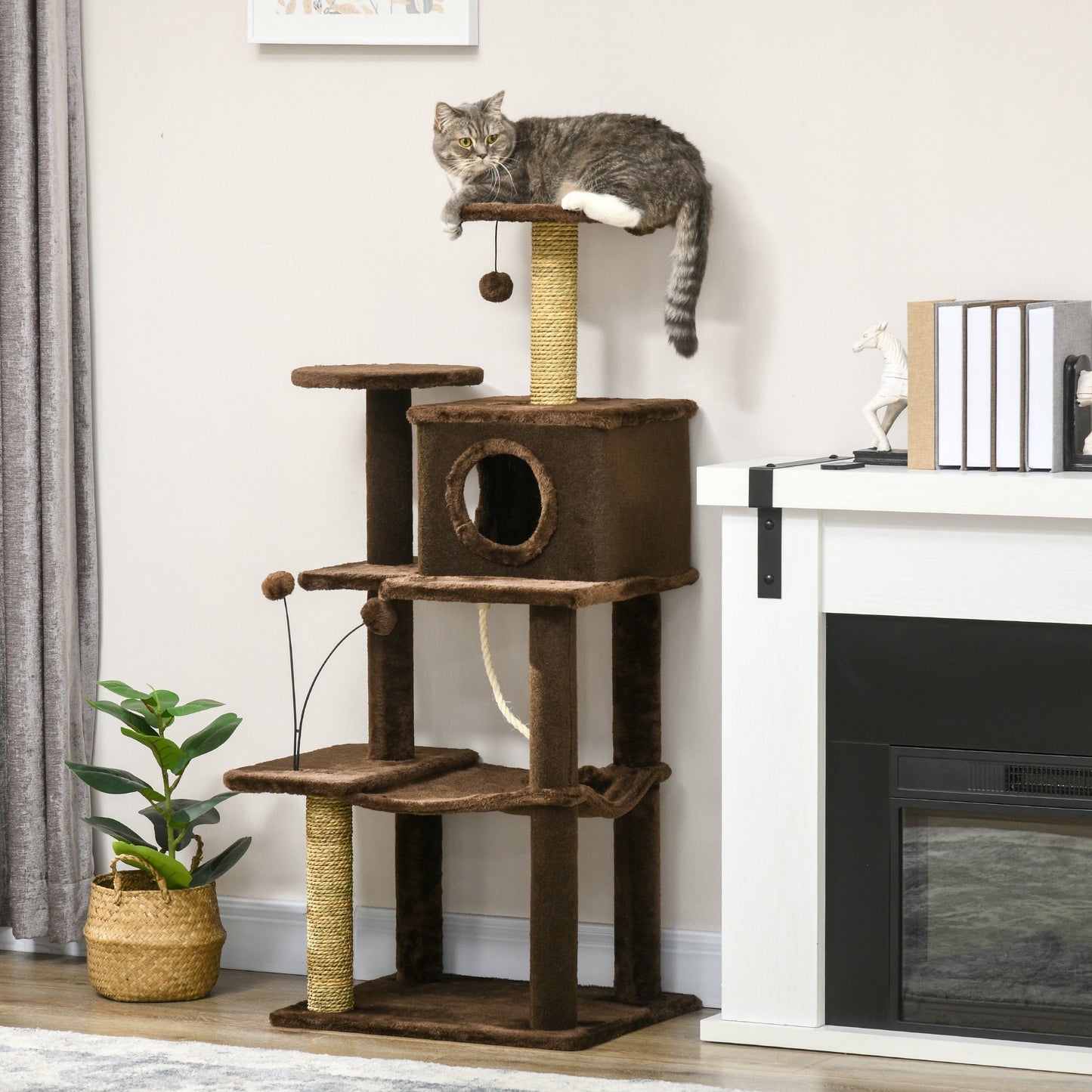 PawHut 136cm Cat Tree for Indoor Cats, Modern Cat Tower with Scratching Posts, house, Platforms, Toy Ball - Brown