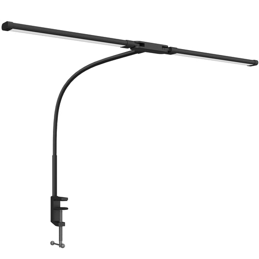 Lampa biurkowa HOMCOM LED z zaciskiem, podwójna lampa stołowa z 3 trybami kolorów i 10 poziomami jasności, elastyczna lampa biurkowa do czytania na gęsiej szyi z timerem i funkcją pamięci do nauki, biura, pracy, czarna