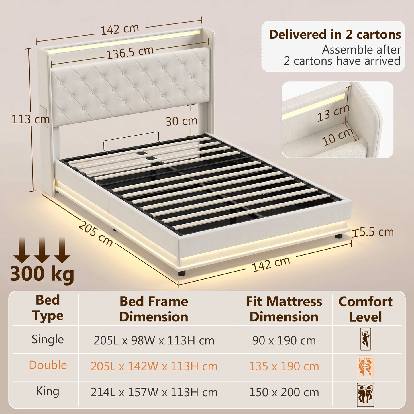 HOMCOM 4ft6 Double Bed Frame with Headboard, Platform Bed Frame with Hydraulic Storage, LED Lights and Charging Station, Cream