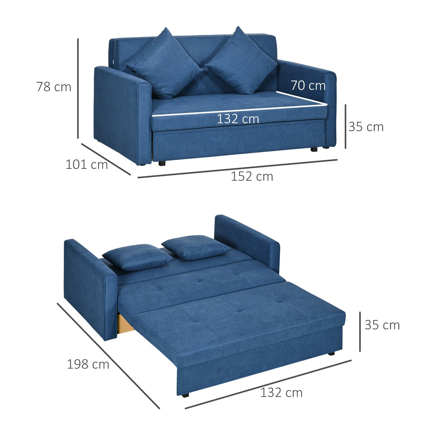 HOMCOM 2 Seater Sofa Bed, Convertible Bed Settee, Modern Velvet Loveseat Sofa Couch with 2 Cushions, Hidden Storage for Living Room, Guest Room, Deep Blue