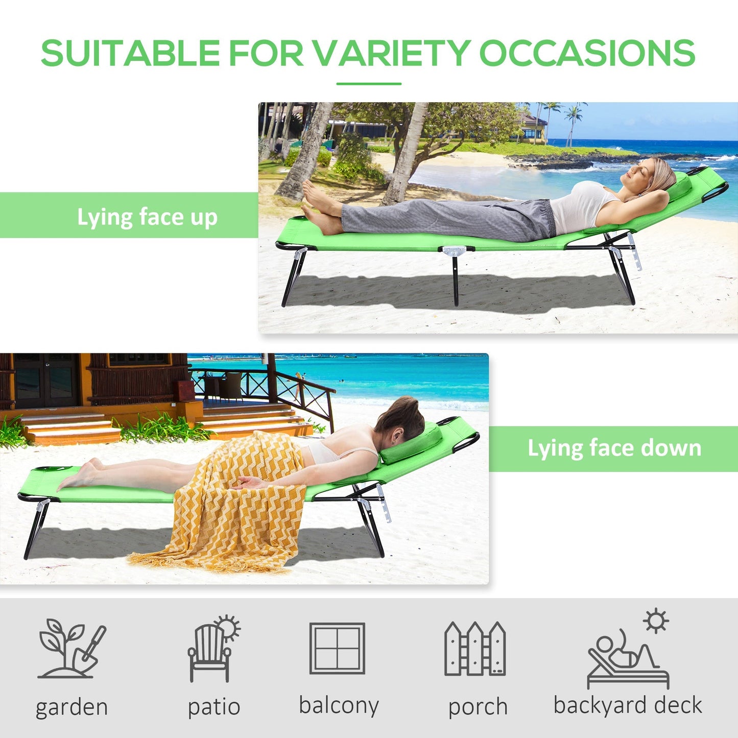 Outsunny Outdoor Folding Sun Lounger with Face Hole, 4 Level Adjustable Backrest Reclining Garden Lounger, Garden Recliner Sunbed with 600 D Oxford Cloth Seat and Pillow for Beach, Green