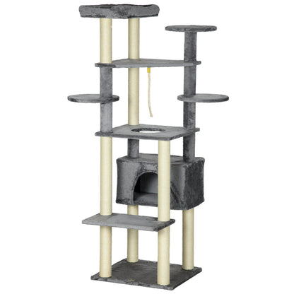 PawHut 184cm Cat Tree for Indoor Cats, Multi-level Kitten Climbing Tower with Scratching Posts, Cat Bed, Condo, Perches, Hanging Play Rope, Grey