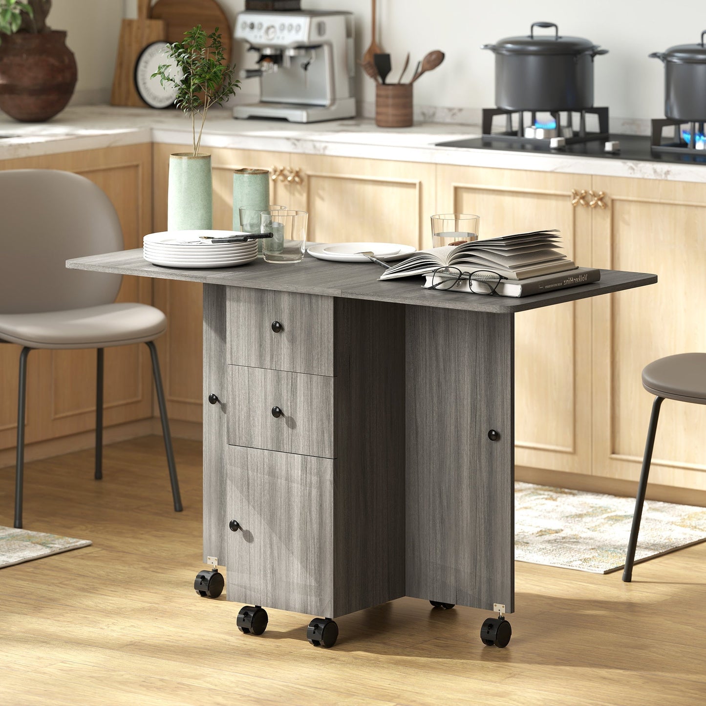 HOMCOM Multi-Storage Six-Person Drop Leaf Dining Table - Grey
