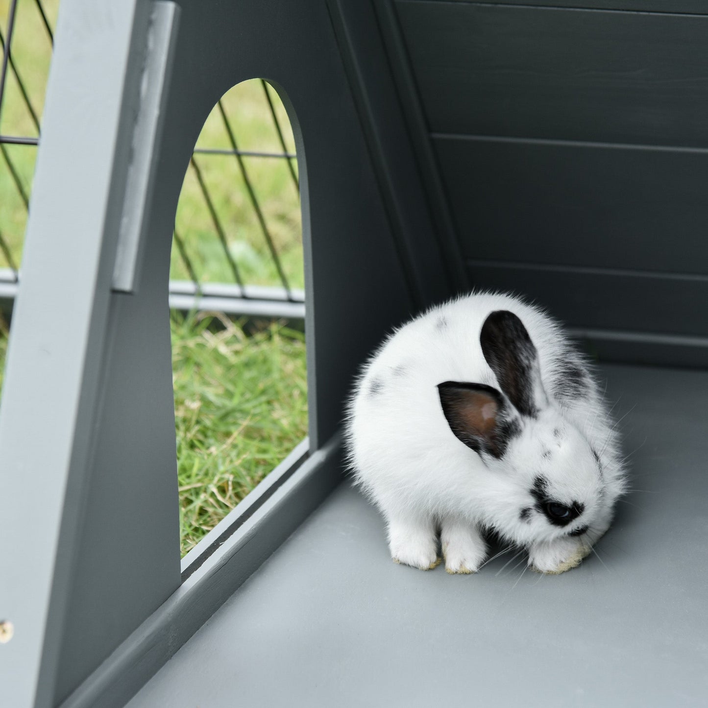 PawHut Wooden Rabbit Cage Small Animal Hutch w/ Outside Area - Grey