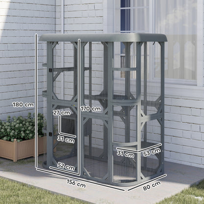 PawHut Catio Outdoor Cat Enclosure, Wooden Cat House with Platforms, Condo and Waterproof Cover for 2-3 Kittens, Grey