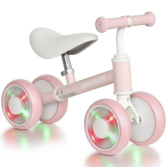AIYAPLAY Baby Balance Bike for 1-2 Years Old, Light-up Toddler Balance Bike with Adjustable Seat, 4 Silent EVA Wheels, Pink