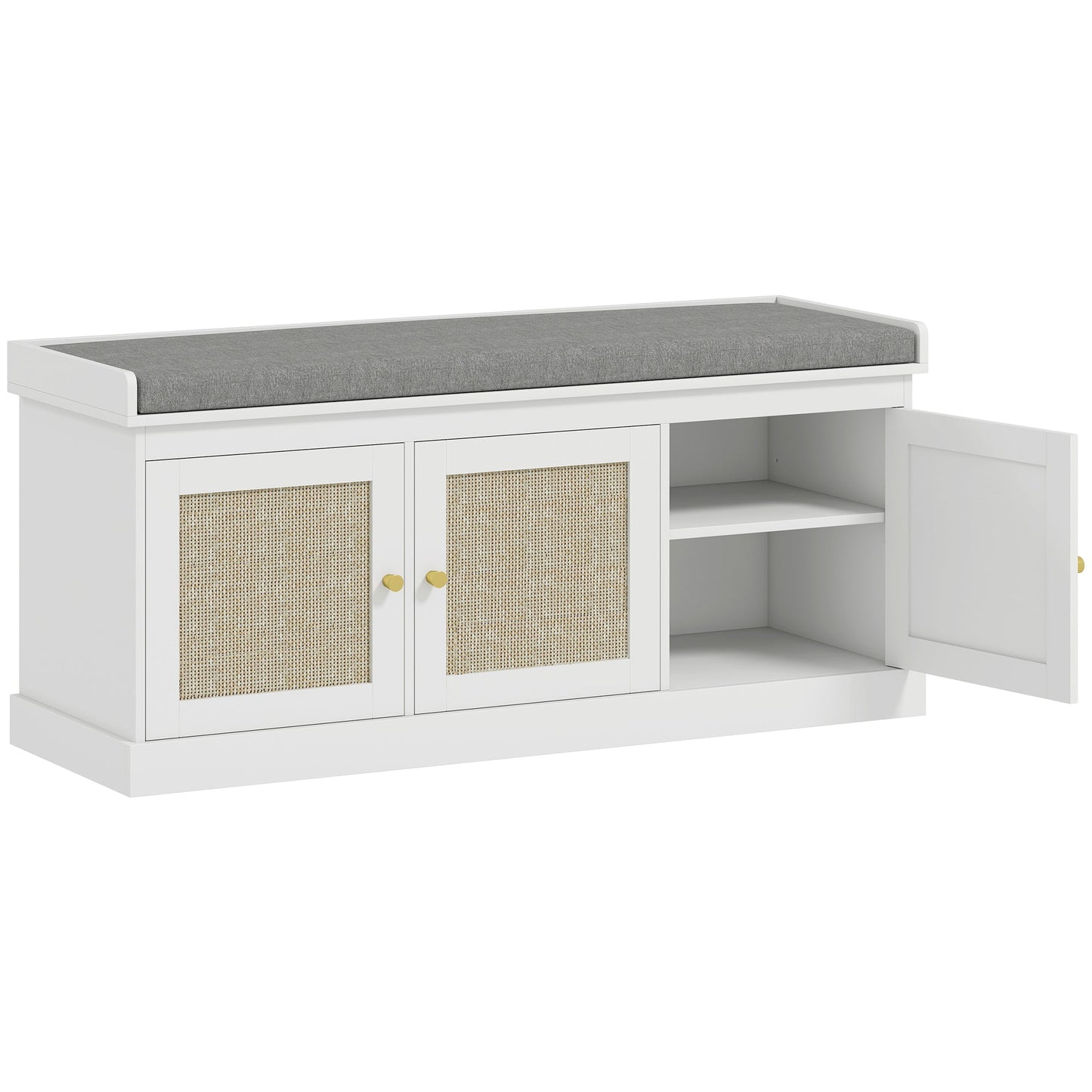 HOMCOM Shoe Storage Bench with Woven Rattan Doors, Seat - White