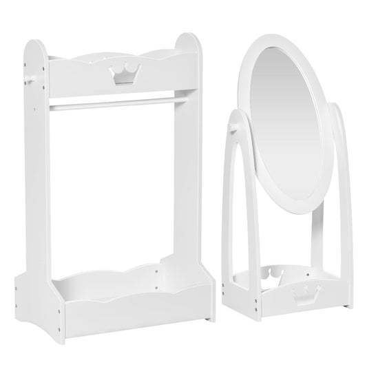 HOMCOM Kids Clothes Rail and Mirror Set 360 Rotation Free Standing Full Length Mirror and Hanging Rack with Storage Shelves Child's Dressing Mirror Garment Wardrobe White