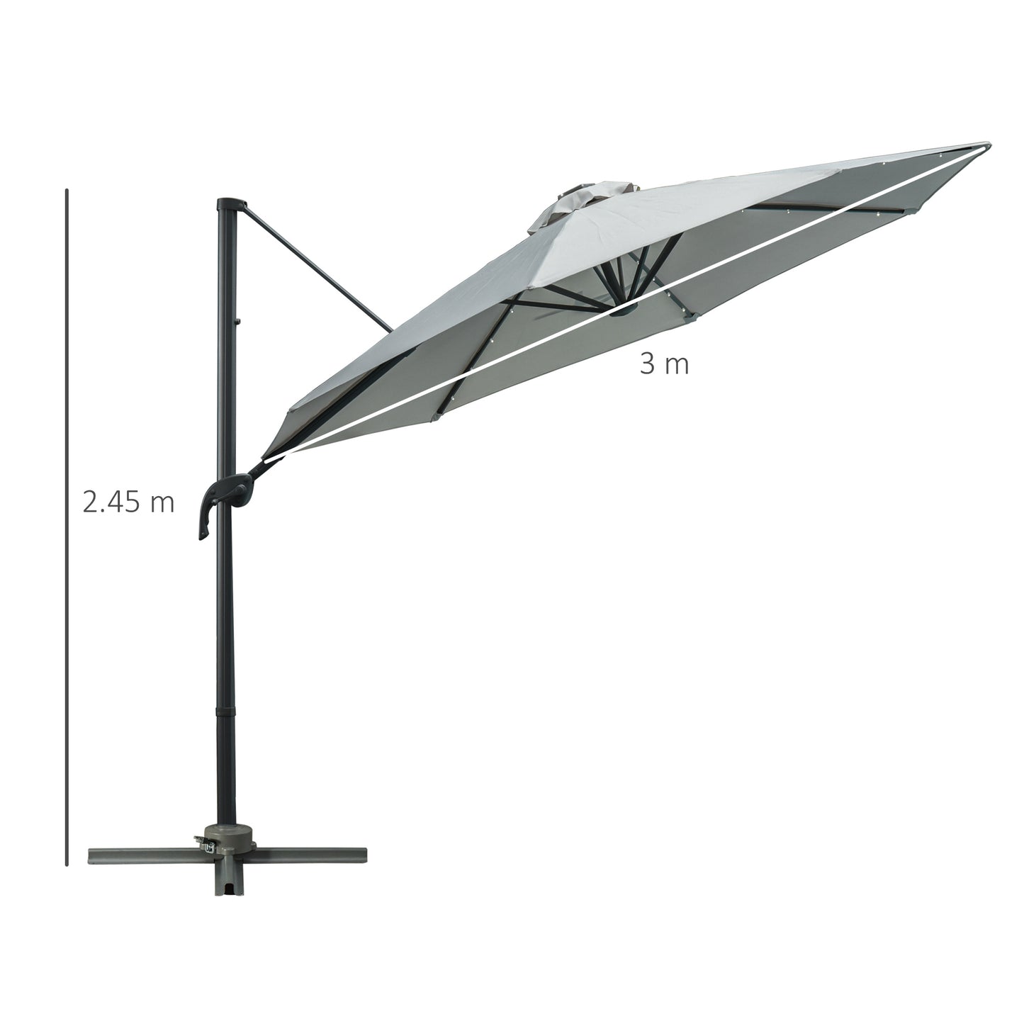 Outsunny 3(m) LED Cantilever Parasol ogrodowy z podstawą krzyżową i lampami solarnymi Szary