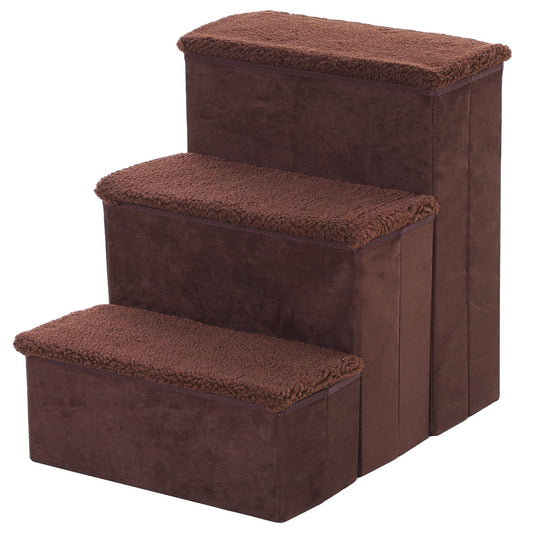 PawHut 3 Step Pet Stairs Foldable Portable Mobility Assistance w/ Washable Fleece Cover 41x19cm Brown