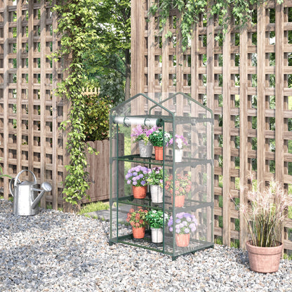 Outsunny 3-poziomowa mini szklarnia przenośna szklarnia ogrodowa z rolowanymi drzwiami i półkami z drutu, 69 dł. x 49 szer. x 125 wys. cm, przezroczysta