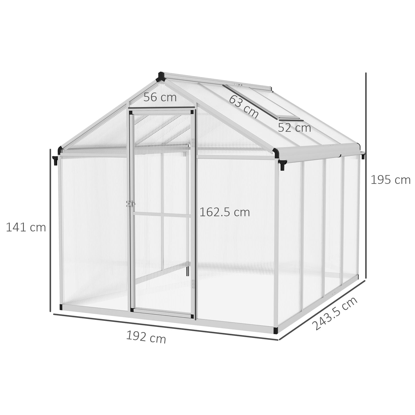 Outsunny 6 x 8ft Polycarbonate Greenhouse With Rain Gutters, Large Walk In With Door And Window, Garden Grow House With Aluminium Frame