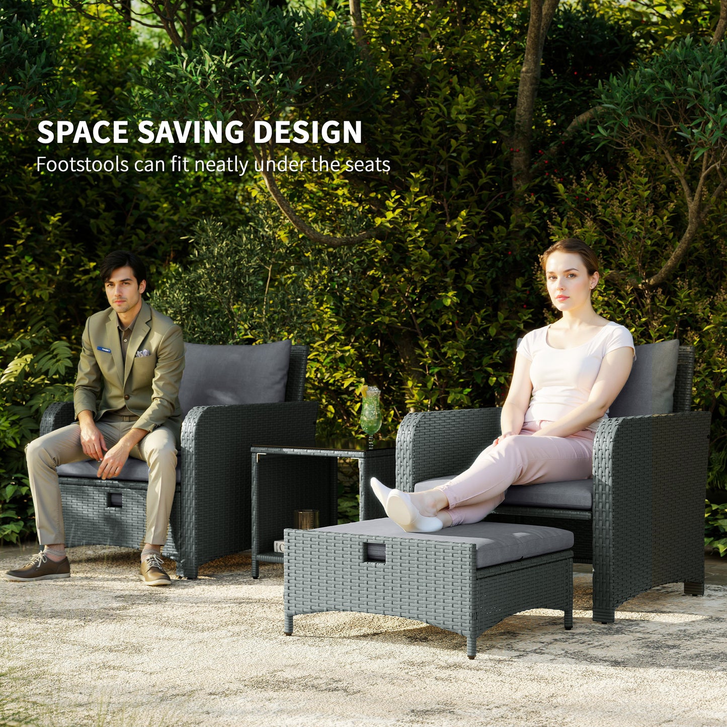 Zestaw mebli ogrodowych Outsunny Five Piece Rattan z 2-poziomowym stolikiem kawowym i pufami - szary
