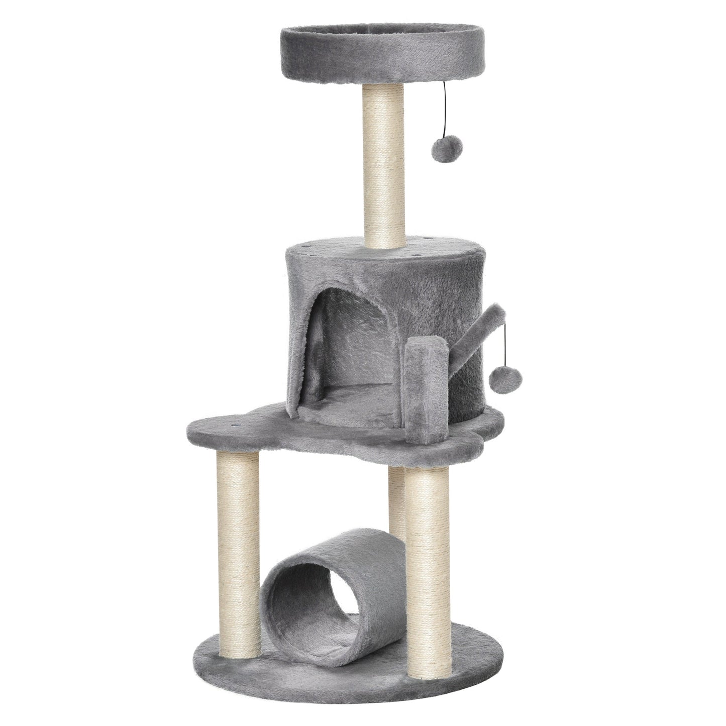 PawHut Cat Tree Tower Climbing Activity Center Kitten Furniture with Jute Scratching Post Bed Tunnel Perch Hanging Balls Grey