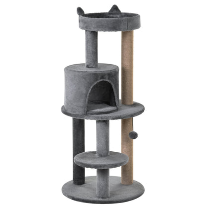 PawHut 104 cm Cat Tree, Cat Condo Tree Tower, Cat Activity Centre with Scratching Posts, Plush Perch, Hanging Ball - Grey