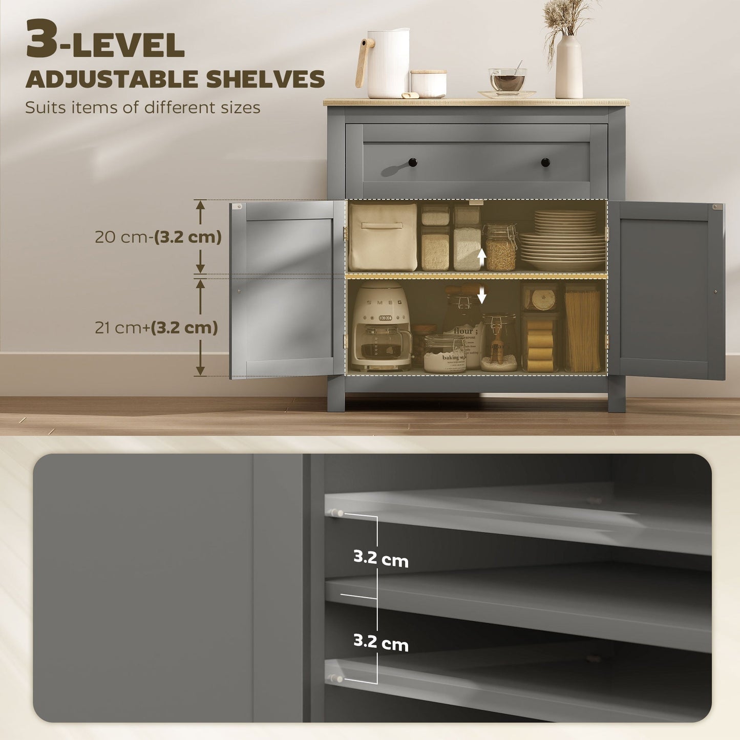 HOMCOM Sideboard Storage Cabinet, Morden Kitchen Cupboard with Adjustable Shelf, Drawer and Double Doors, Sideboard for Living Room, Dining Room, Hallway, Grey