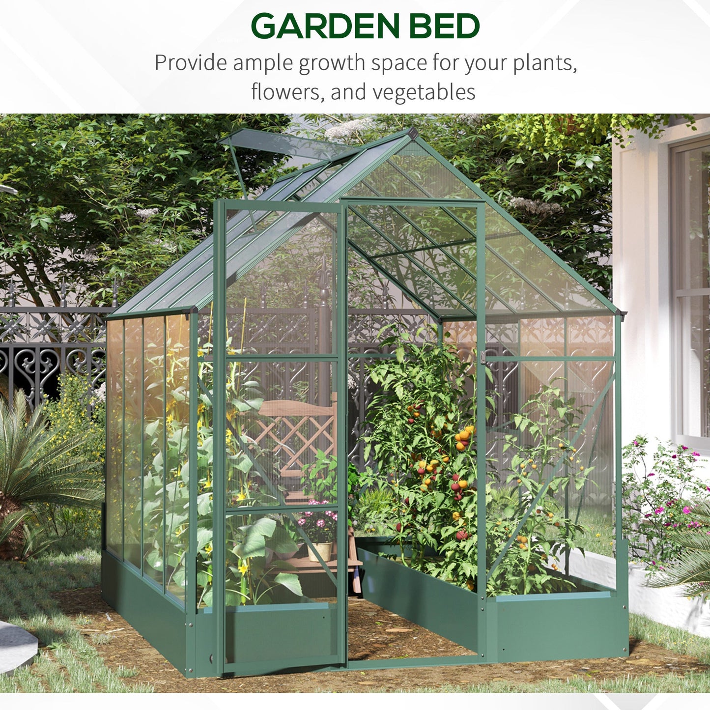 Outsunny Garden Walk-in Aluminium Greenhouse Polycarbonate with Plant Bed, Temperature Controlled Window, Foundation, 6 x 8ft