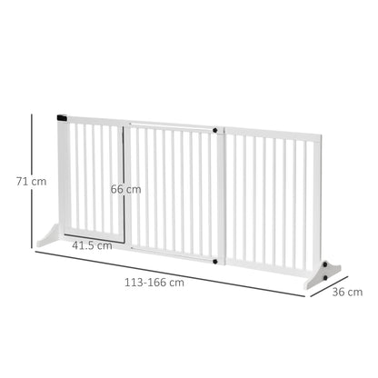 PawHut Adjustable Wooden Pet Gate Freestanding Dog Barrier Fence Doorway 3 Panels Safety Gate w/ Lockable Door White 71H x 113-166W cm