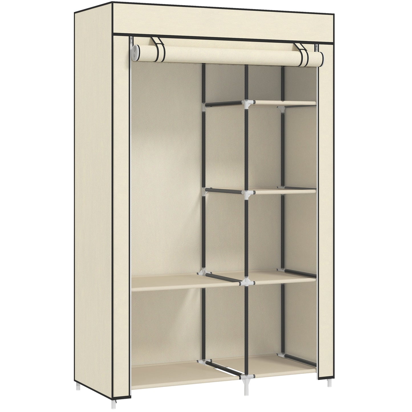 HOMCOM Fabric Wardrobe, Portable Wardrobe with 6 Shelves, 1 Hanging Rail, Foldable Closets, 103 x 43 x 162.5 cm, Cream White