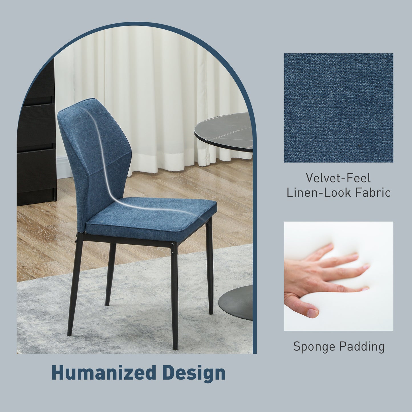 HOMCOM Velvet Dining Chairs Set of 2, Modern Upholstered Kitchen Chairs with Metal Legs, Curved Back and Padded Seat, Armless Side Chairs for Dining Room, Bedroom, Living Room, Blue